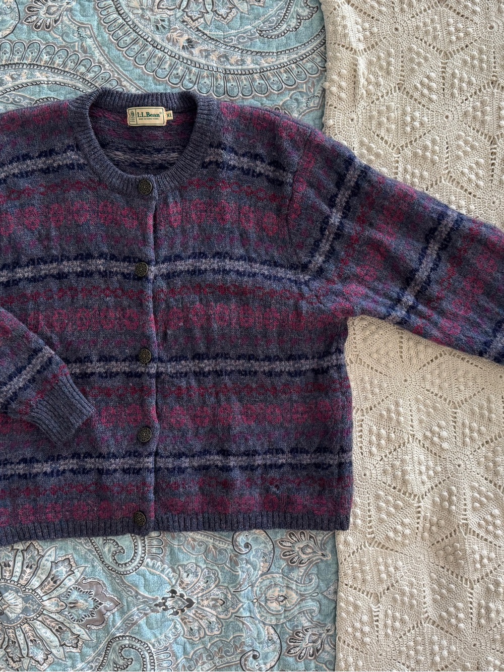 L.L. Bean Purple and Navy Patterned Wool Cardigan